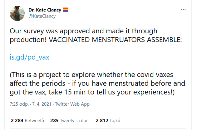 Výzkum na téma ovlivnění menstruace očkováním proti covidu-19
