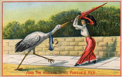 Satirická pohlednice z období viktoriánské éry: „A ten darebák ji stále pronásleduje.“
