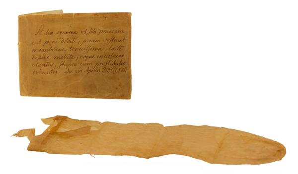 Kondom s latinským návodem z roku 1813